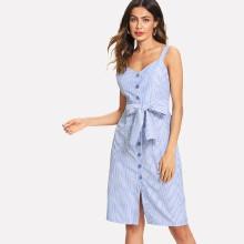 Shein Tie Waist Button Stripe Cami Dress