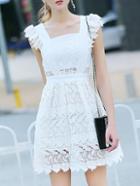 Shein White Boat Neck Backless Crochet Hollow Out Dress