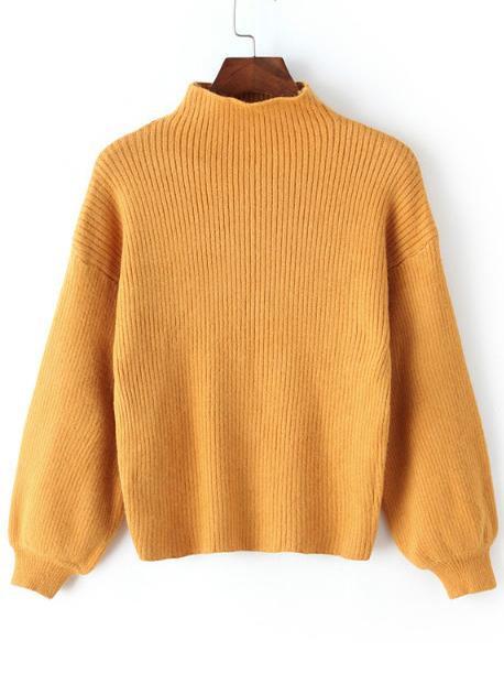 Shein Yellow Mock Neck Lantern Sleeve Crop Sweater