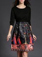 Shein Black Belted Vintage Print Dress
