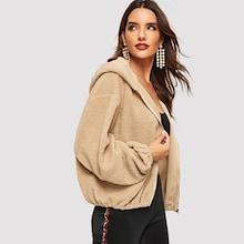 Shein Drop Shoulder Zip Front Hooded Teddy Jacket
