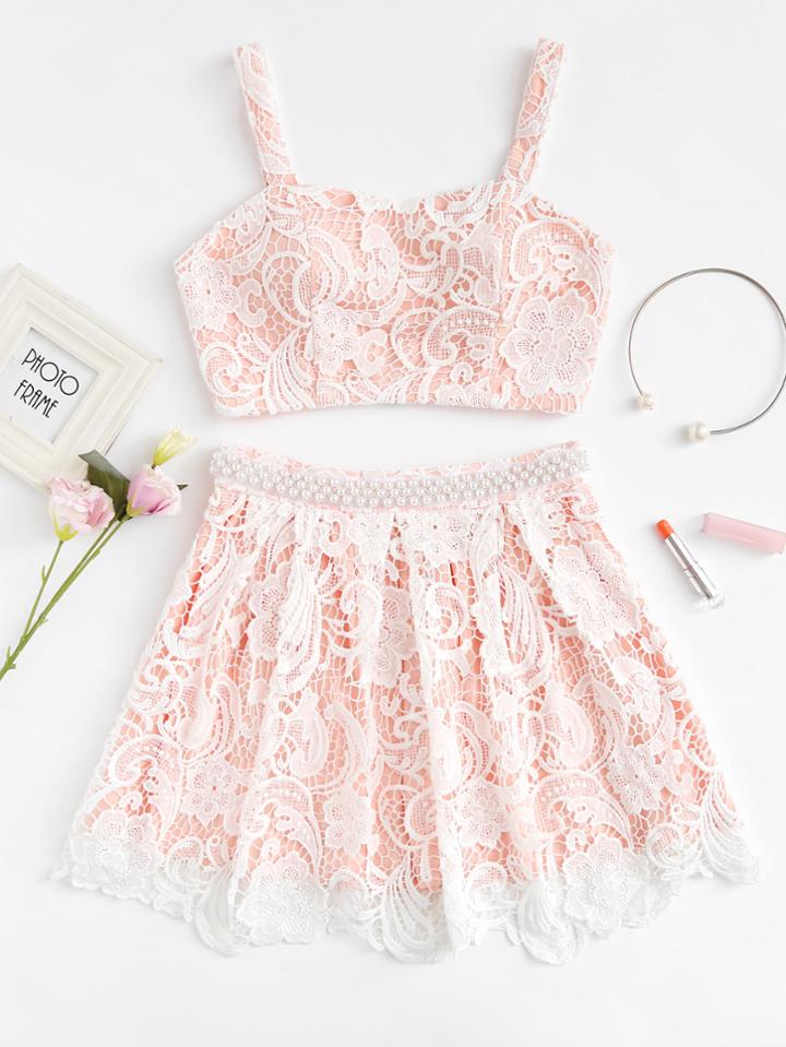 Shein Flower Lace Overlay Crop Top & Beaded Skirt Set