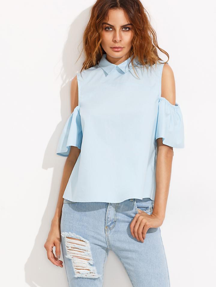 Shein Peter Pan Collar Ruffle Cold Shoulder Blouse