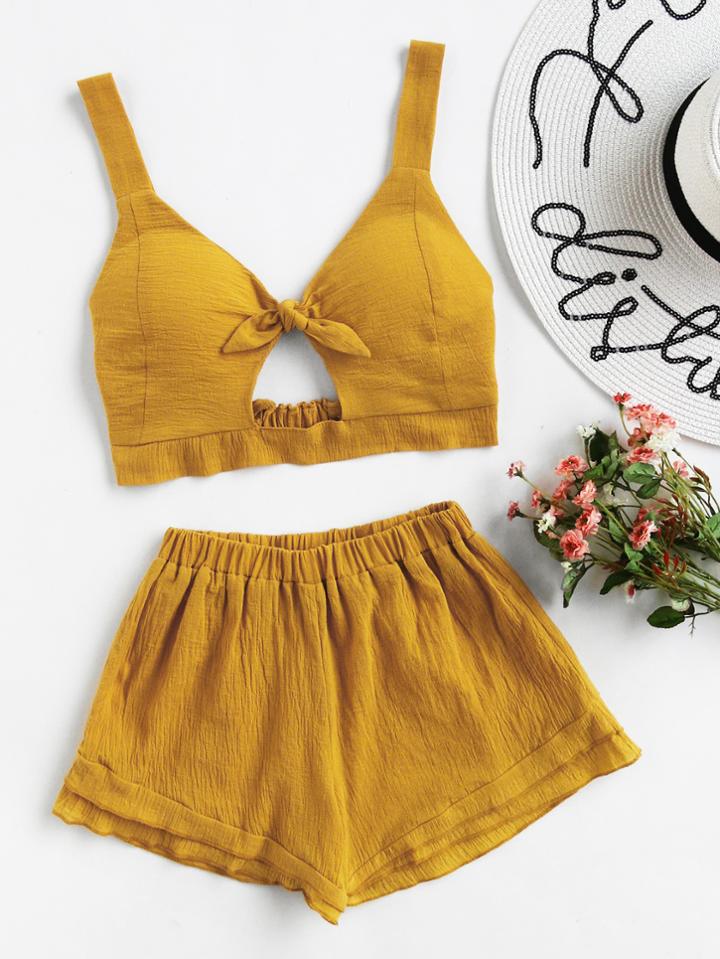 Shein Knotted Keyhole Front Textured Crop Top With Shorts