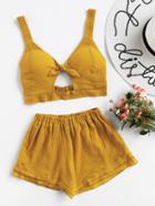 Shein Knotted Keyhole Front Textured Crop Top With Shorts