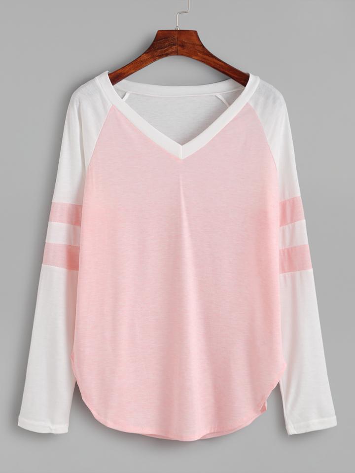 Shein Pink Contrast Raglan Sleeve V Neck T-shirt