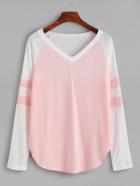 Shein Pink Contrast Raglan Sleeve V Neck T-shirt