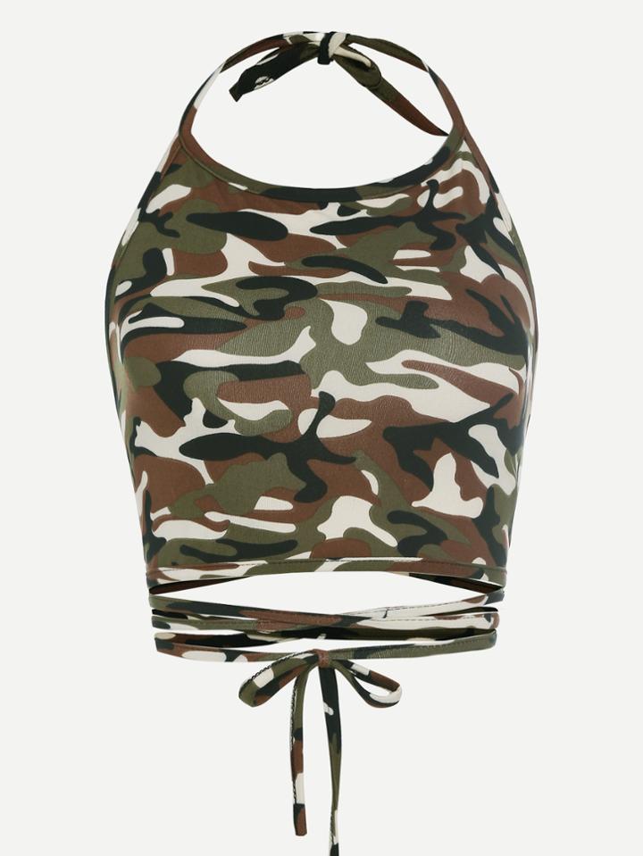 Shein Camo Print Crisscross Tie Detail Crop Halter Top