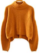 Shein Khaki Stand Collar Lantern Sleeve Crop Sweater
