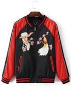 Shein Black Crew Neck Bird Embroidery Pocket Jacket
