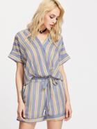 Shein Striped Surplice Tie Bow Top With Cuffed Shorts