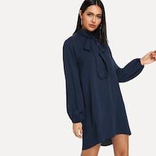 Shein Tie Neck Solid Tunic Dress