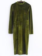 Shein Army Green Mock Neck Slit Velvet Dress