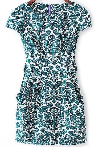 Shein Green Short Sleeve Rockabilly Peasant Floral Bow Camo Slim Dress