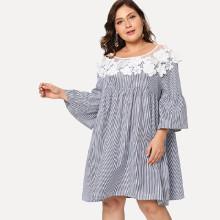 Shein Plus Floral Lace Yoke Pinstripe Smock Dress