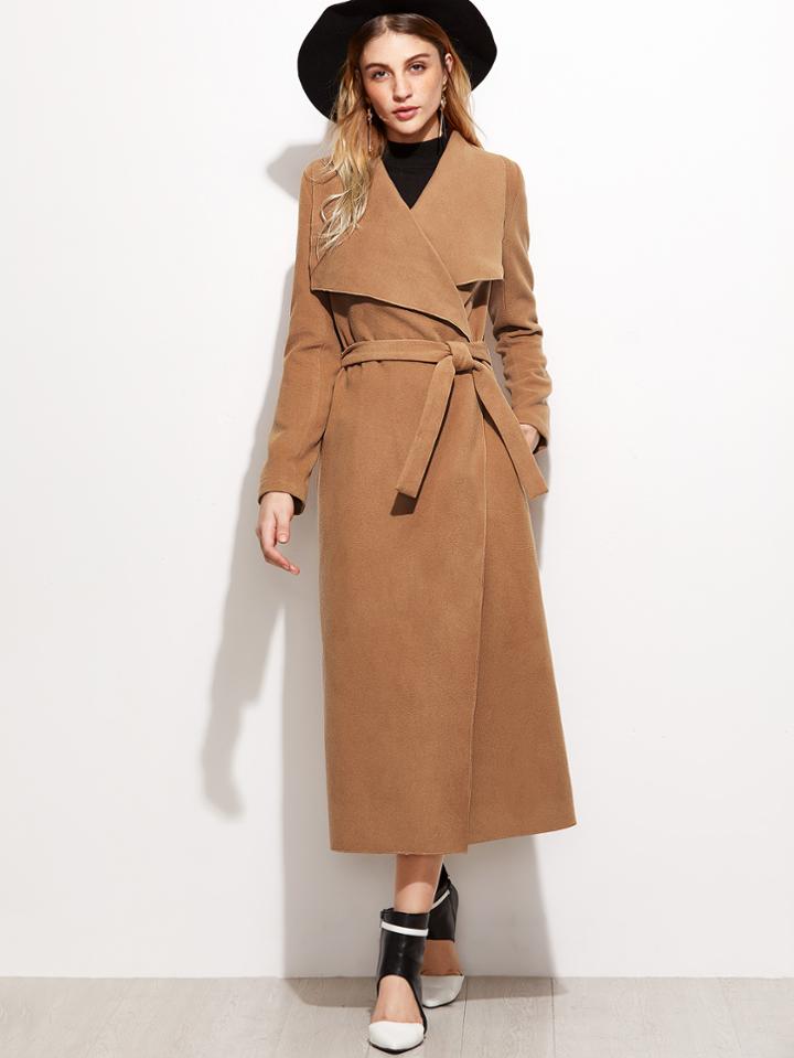 Shein Camel Drape Collar Longline Wrap Coat