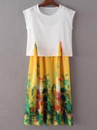 Shein White Sheer Blouse With Flower Print Slip Dress