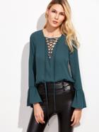 Shein Rich Green Lace Up V Neck Bell Sleeve Blouse