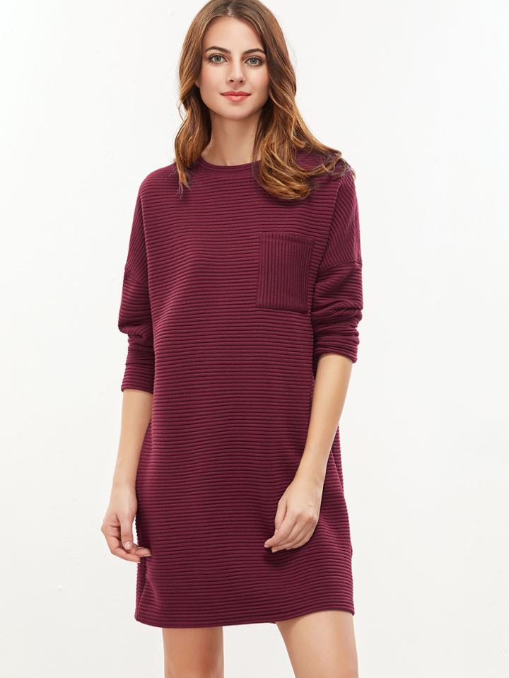 Shein Burgundy Drop Shoulder Pocket Front Ribbed Dress
