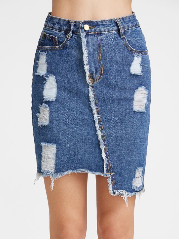 Shein Dark Blue Ripped Raw Hem Asymmetric Denim Skirt
