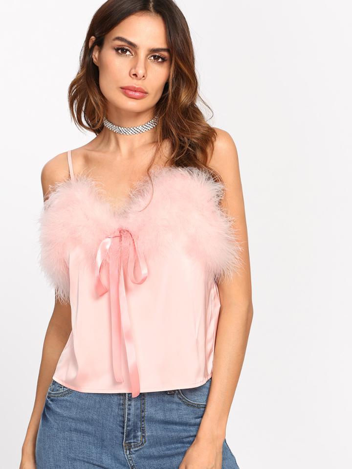 Shein Ribbon Bow And Faux Fur Detail Cami Top