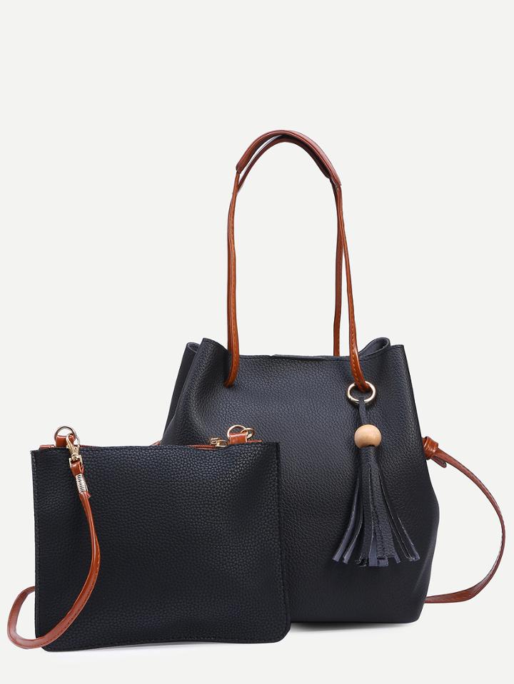 Shein Black Tassel Trim Bucket Bag With Crossbody Bag
