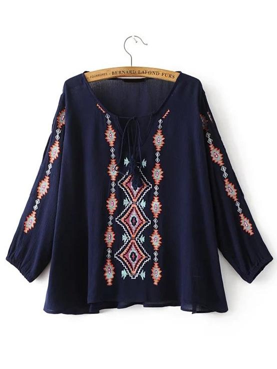 Shein Navy Embroidered Tassel Tie V Neck Blouse