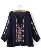 Shein Navy Embroidered Tassel Tie V Neck Blouse