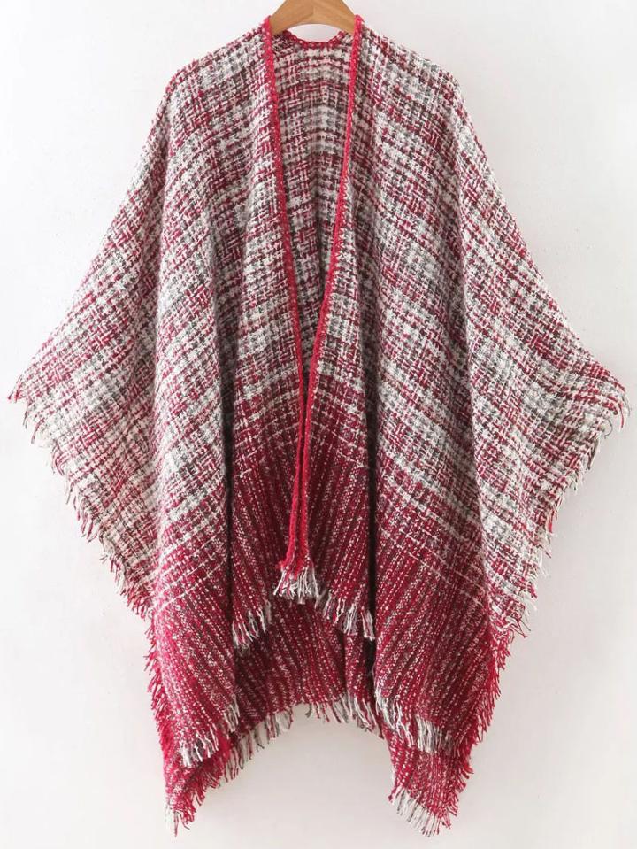 Shein Red Frayed Tweed Poncho Scarf