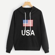 Shein Flag And Letter Print Drawstring Sweatshirt
