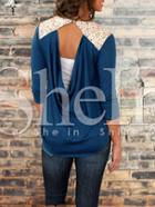 Shein Blue Contrast White Lace Cowl Back T-shirt
