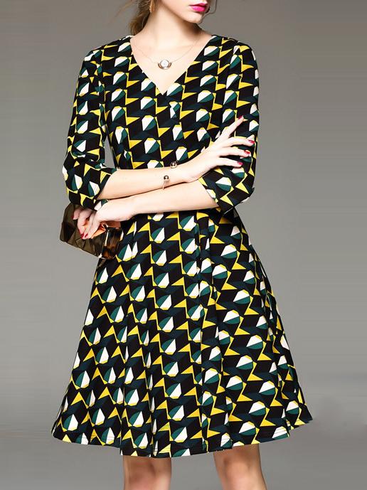 Shein Black Color Block V Neck Belted A-line Dress
