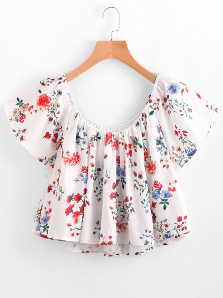 Shein Boat Neckline Calico Print Dip Hem Top