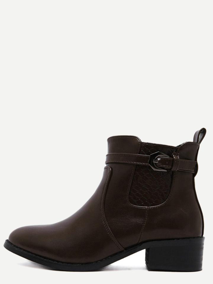 Shein Brown Pu Buckle Strap Snakeskin Embellished Jodhpur Boots