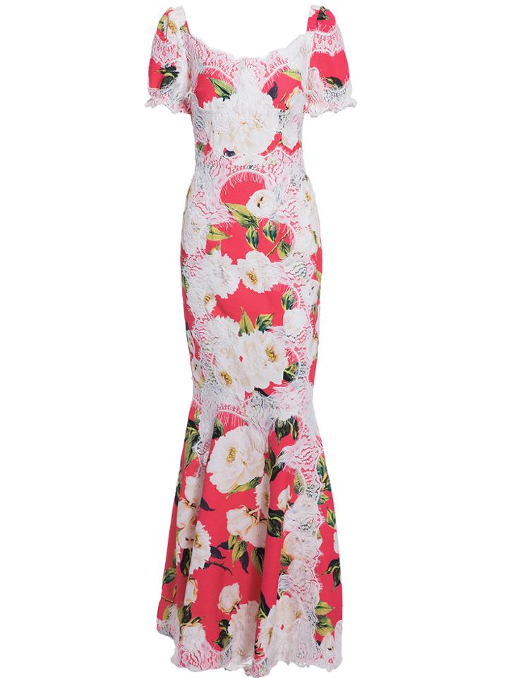 Shein Red Backless Floral Contrast Lace Fishtail Dress