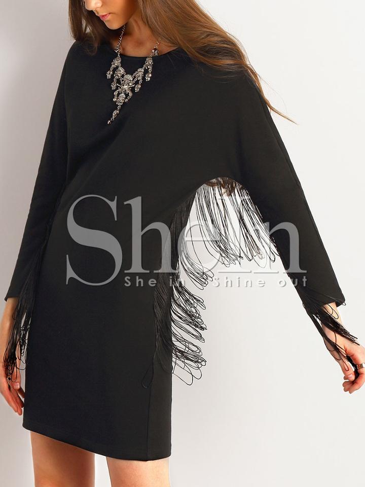 Shein Black Crew Neck Fringe Shift Dress