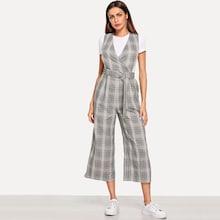 Shein Belted Plaid Print Wide Leg Jumpsuit