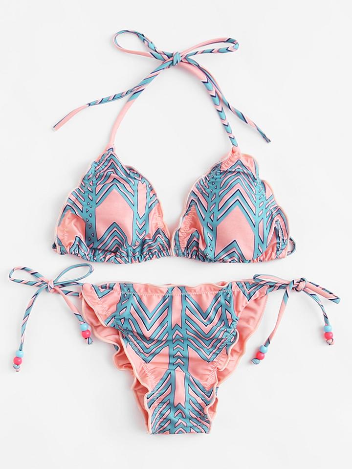 Shein Lettuce Trim Self Tie Bikini Set