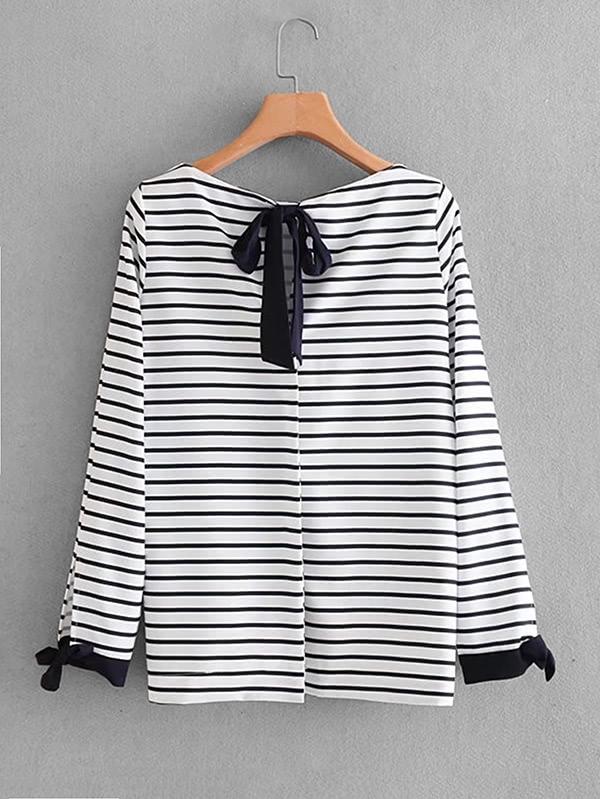 Shein Bow Tie Detail Striped Blouse