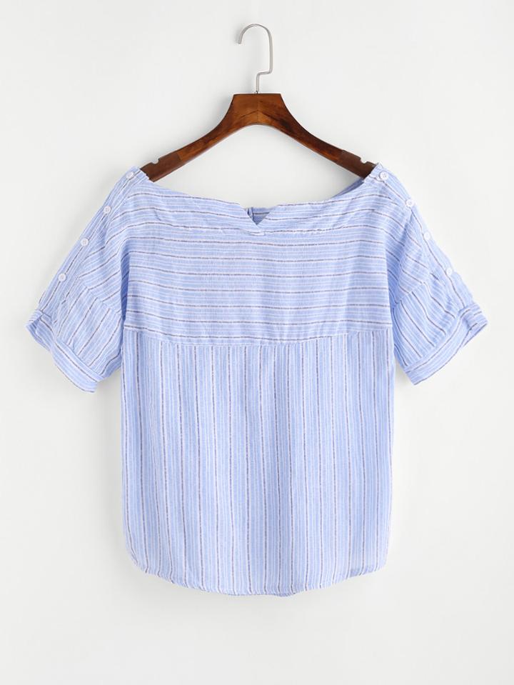 Shein Boat Neckline Striped Top With Button Detail