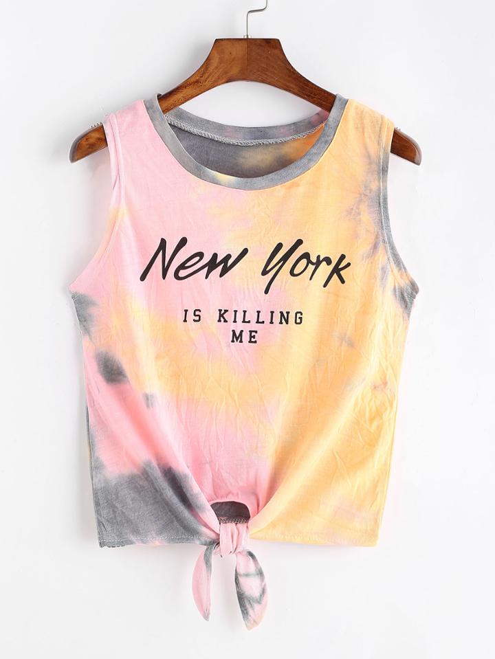 Shein Tie Dye Slogan Print Knotted Hem Crop Tank Top