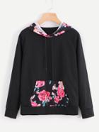 Shein Contrast Floral Hooded Pocket Sweatshirt