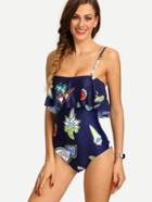 Shein Graffiti Print Flounce One-piece Swimwear - Navy