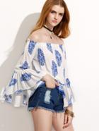 Shein Off The Shoulder Bell Sleeve Vintage Print Pom Pom Top