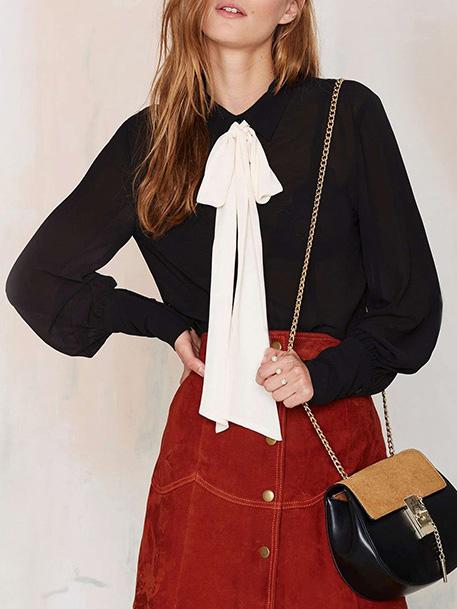Shein Black Bow Collar Lantern Sleeve Loose Blouse