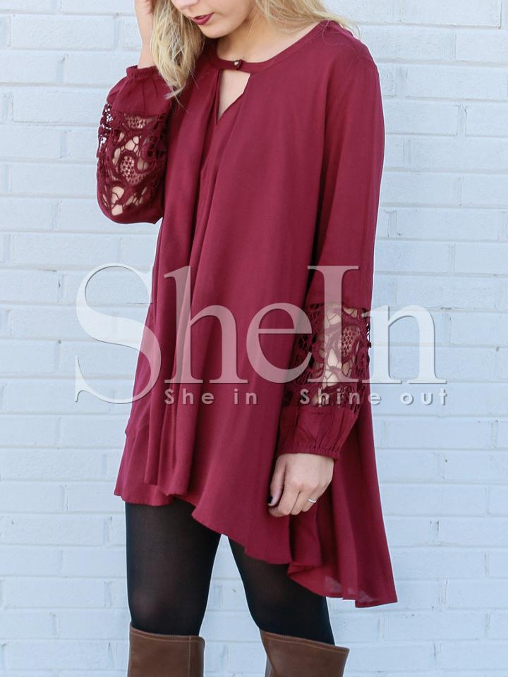 Shein Red Long Sleeve With Lace Asymmetric Dress
