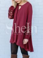 Shein Red Long Sleeve With Lace Asymmetric Dress