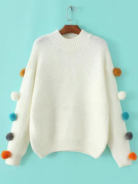Shein White Crew Neck Pom Pom Sweater