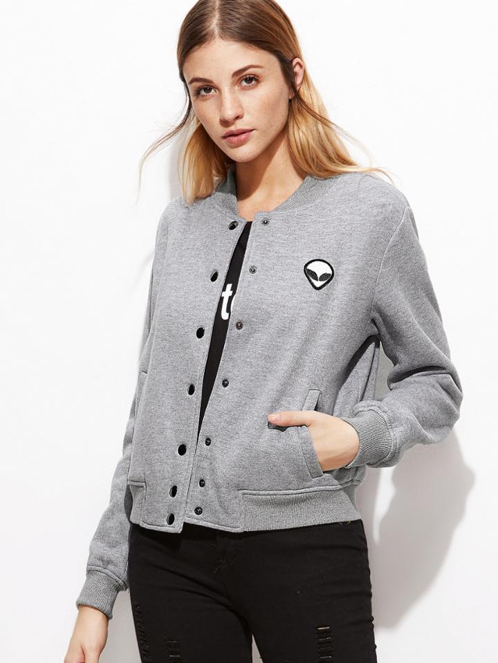 Shein Heather Grey Button Up Baseball Jacket With Alien Patch