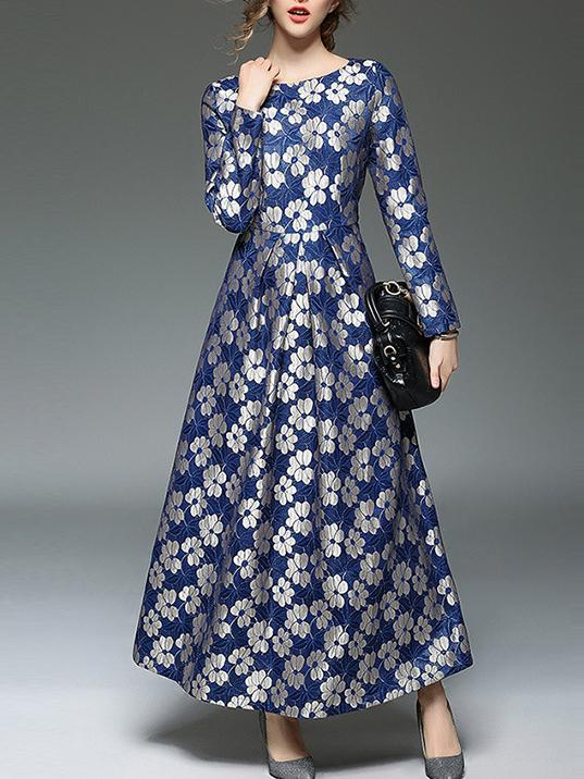 Shein Blue Flowers Jacquard Maxi Dress